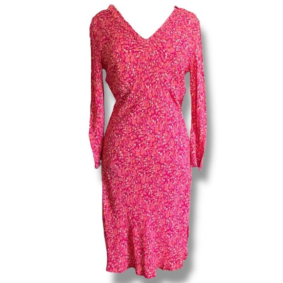 VIntage 90s Newport News Womens Dress Sz 8 Pink Red Orange Floral Midi Bias Cut - Picture 1 of 7